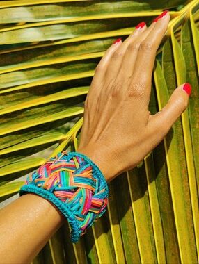 Handwoven Multicolor Women's Cuff Bracelet - Vibrant Teal Blue Trim